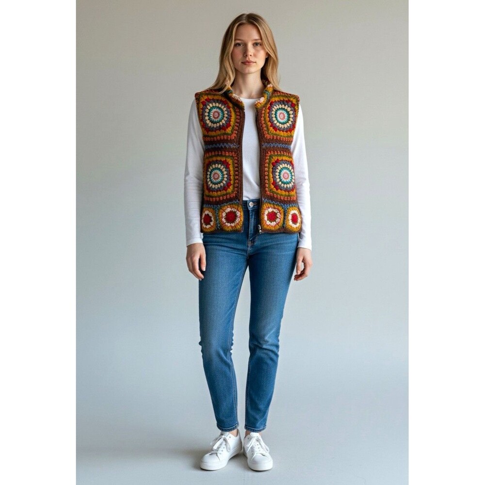 Earthbound Trading Co Granny Square Crochet Vest M Wool Cotton Lined Boho Nepal